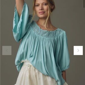 Anthropologie Gauzy Swing Top TURQUOISE Shirt Spring Blouse Sz M NEW